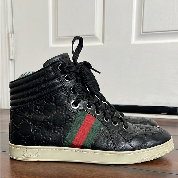Gucci Men’s Black Guccissima Leather Web High Top Sneakers Size 36.5 Authentic - Picture 1 of 16